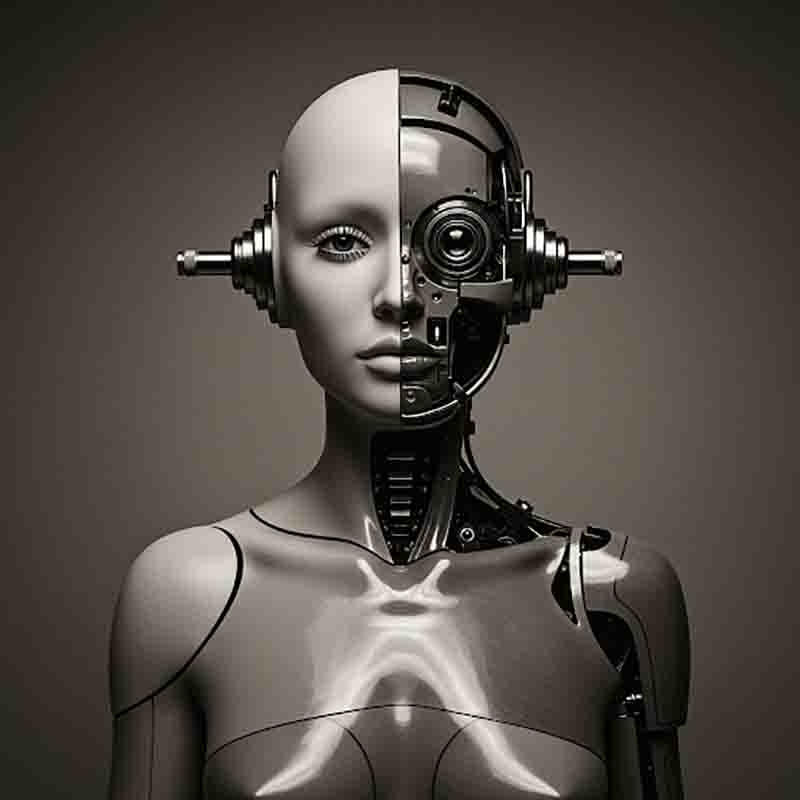 Ein weiblicher KI Roboter mit einem Gesicht und Körper aus Metall steht in einer neutralen Pose.