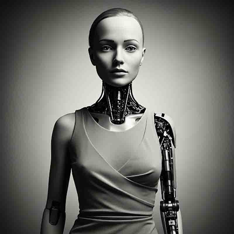 Schwarz-weiß Foto einer KI Roboterfrau mit futuristischem Design und ausdrucksvollem Gesichtsausdruck.